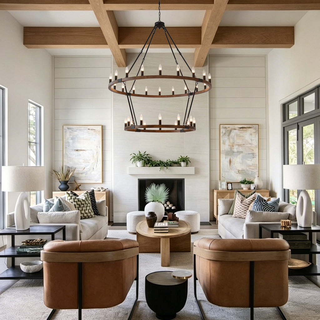Large Solid Wood Wagon Wheel Chandelier with 2-Tier 32 Lights