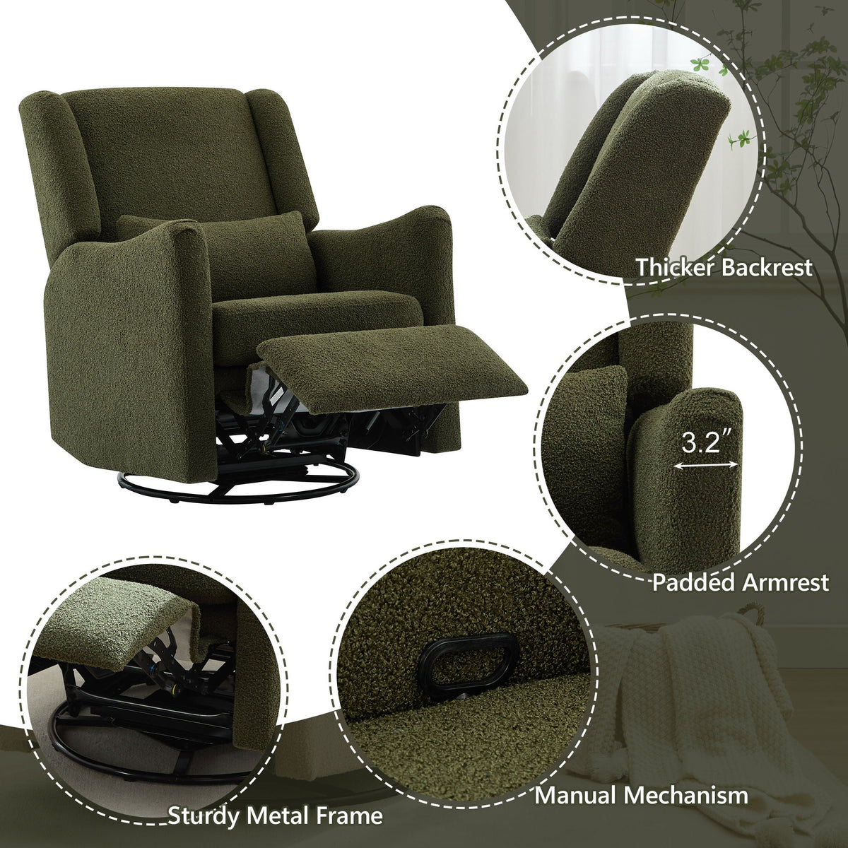 Wide Wingback Swivel Glider Rocker Recliner Chair with 360-Degree Swivel - Dark Green or Beige