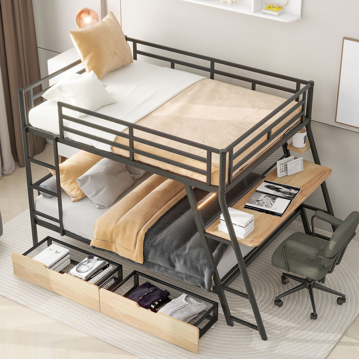 Full Size Bunk Bed with Built-In Desk, Light & 2 Drawers - Black
