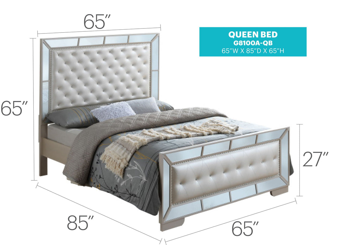 Contemporary Panel Bed with Mirrored Accents - Beige or Pearl Silver