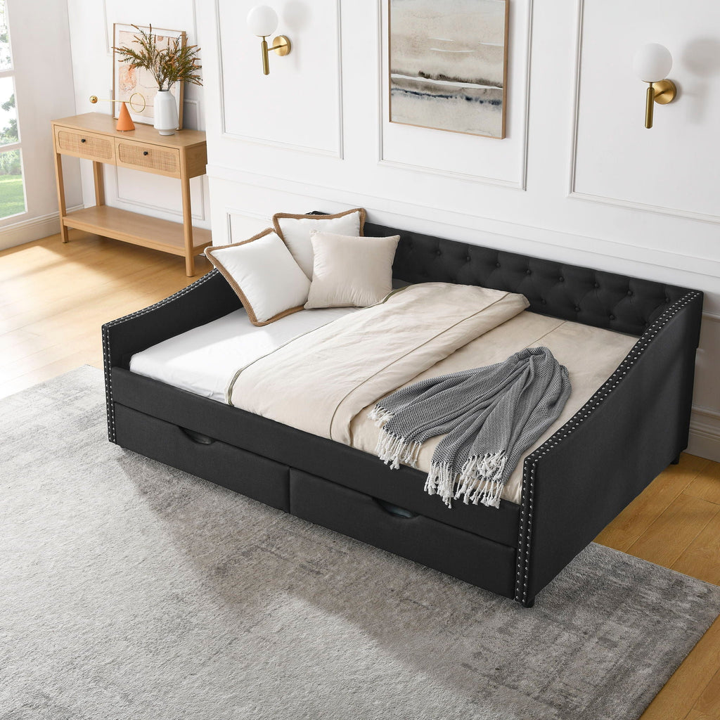 Upholstered Tufted Daybed with 2 Drawers and Waved Arms - Multiple Colors