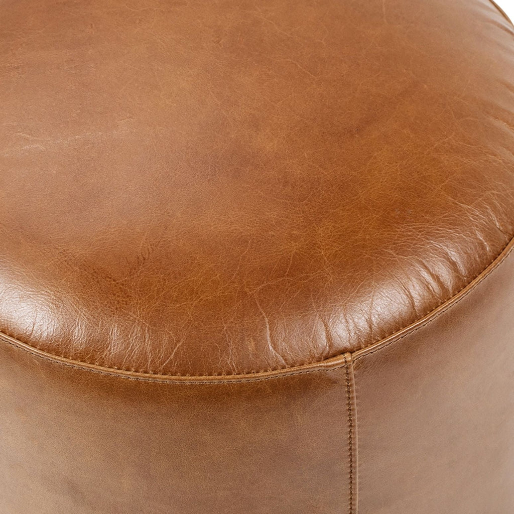 Brown Leather Round Ottoman Stool with Brass Base