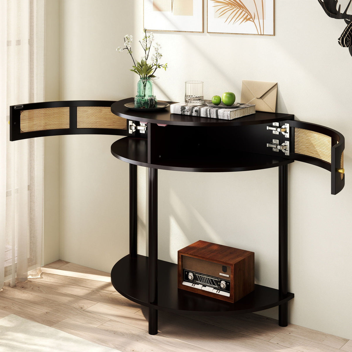 Boho Rattan Semi Circle End Table with Sliding Door and Storage - Black or Dark Green
