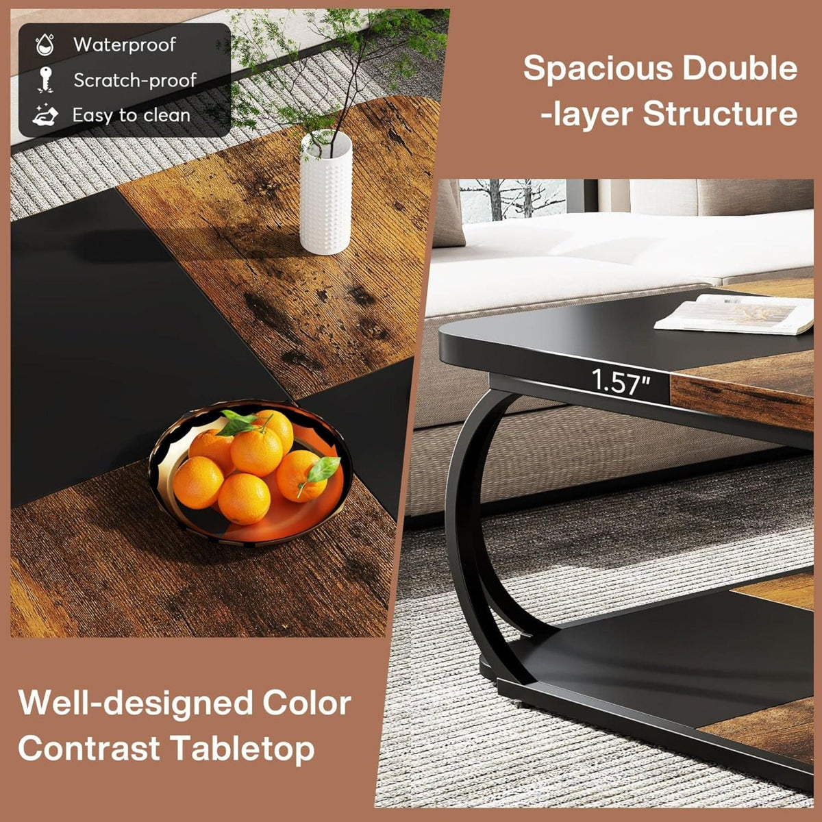 Square Coffee Table with Storage Shelf, 2 Tier - Brown / Black