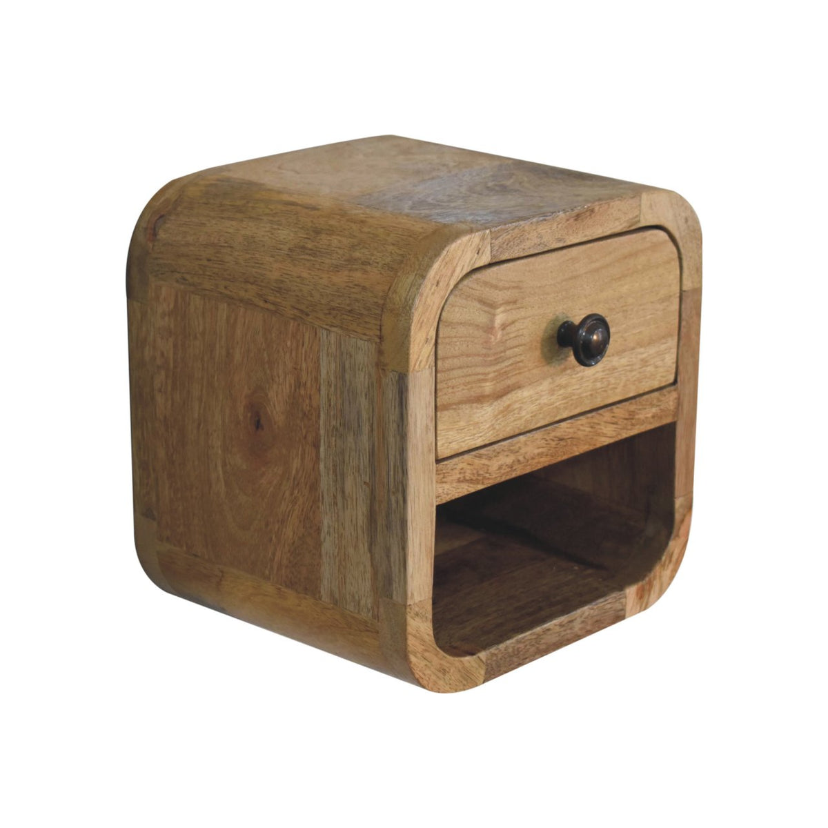 Extra Mini Curved Oak-ish Nightstand with Open Slot and Drawer - Solid Mango Wood