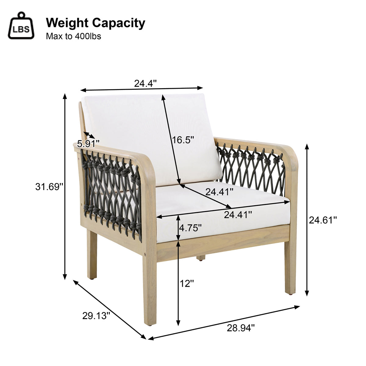 Outdoor Acacia Wood Club Chair with Handwoven Rope Armrests - Cream