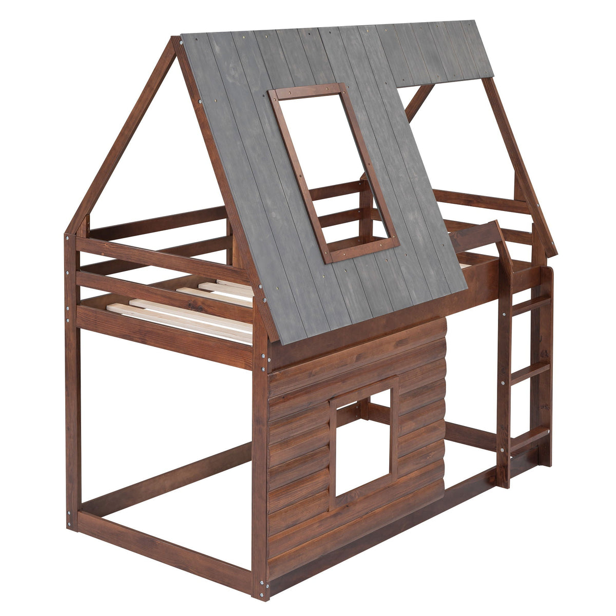 Wood Twin Size House Bunk Bed with Roof and 2 Windows - Oak & Smoky Gray