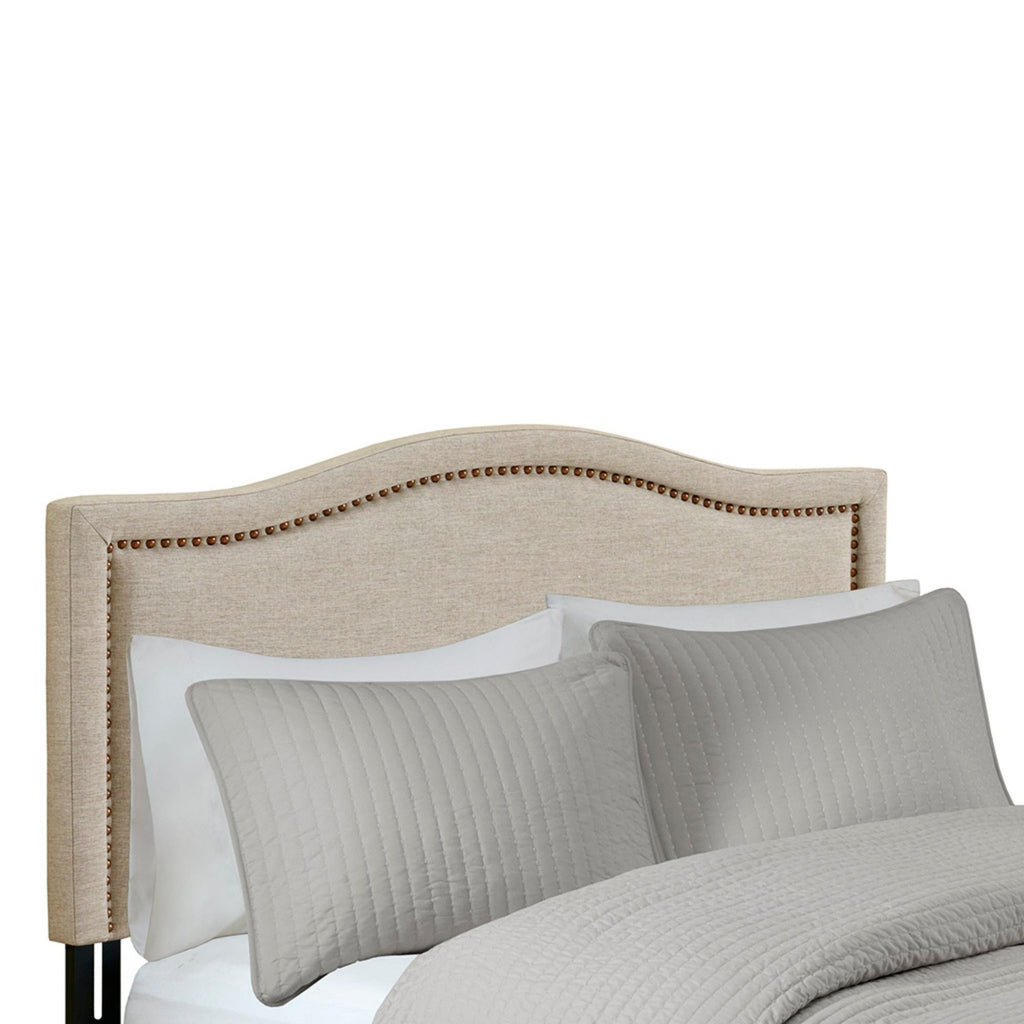 Light Brown Panel Upholstered Headboard with Copper Nailheads – Adjustable Metal Legs