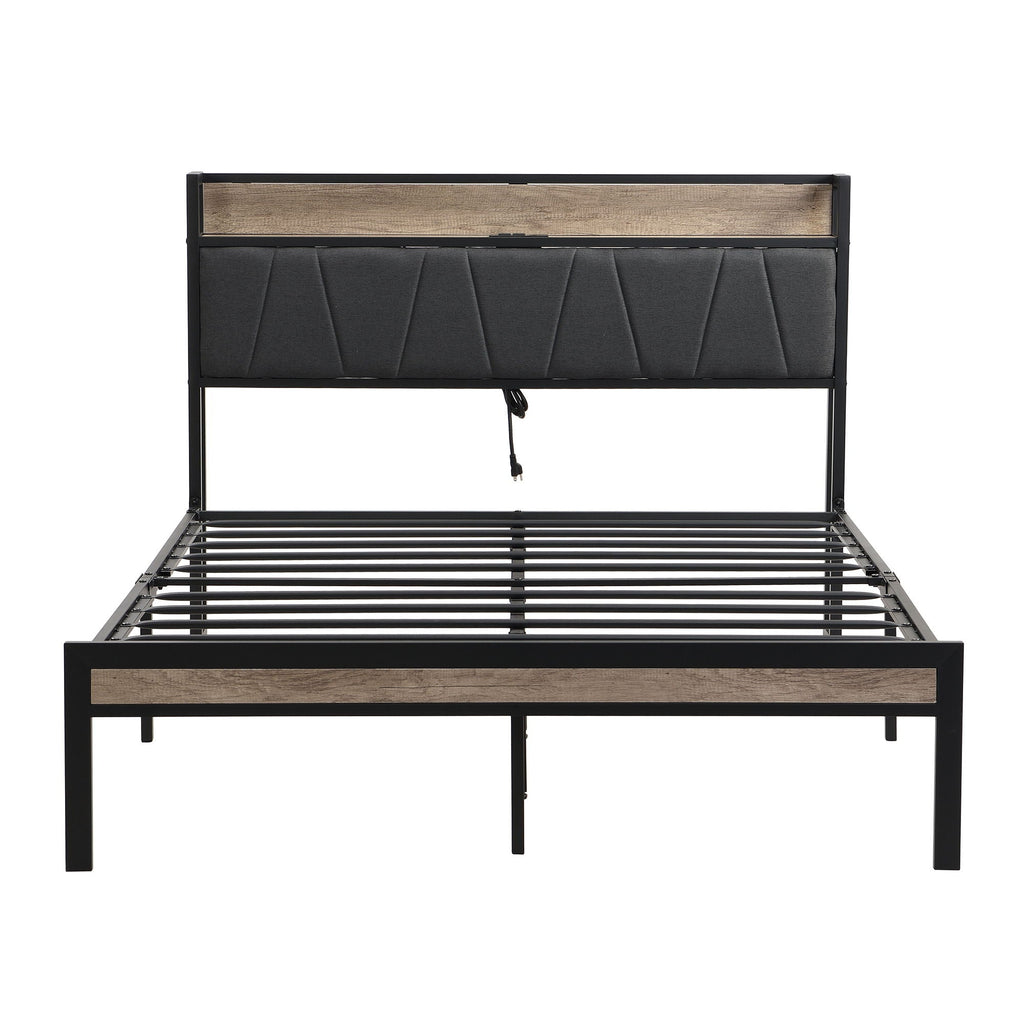 Modern Bed Frame with LED Lights and USB Charging - Light or Dark Brown