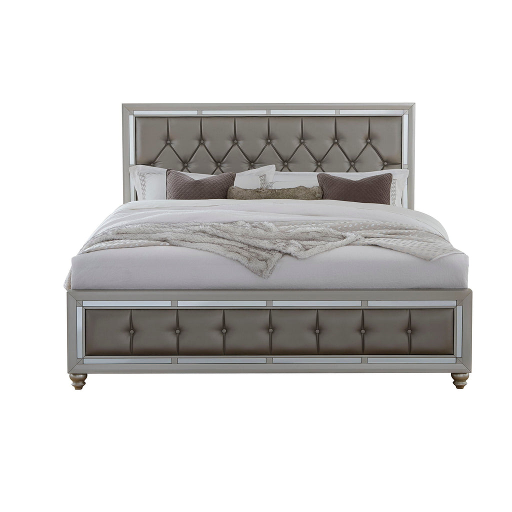 Elegant Design Panel Bed with Tufted Headboard - Pearl Silver
