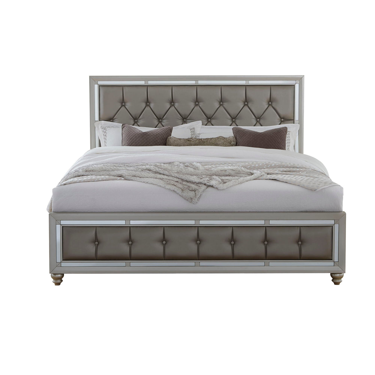 Elegant Design Panel Bed with Tufted Headboard - Pearl Silver