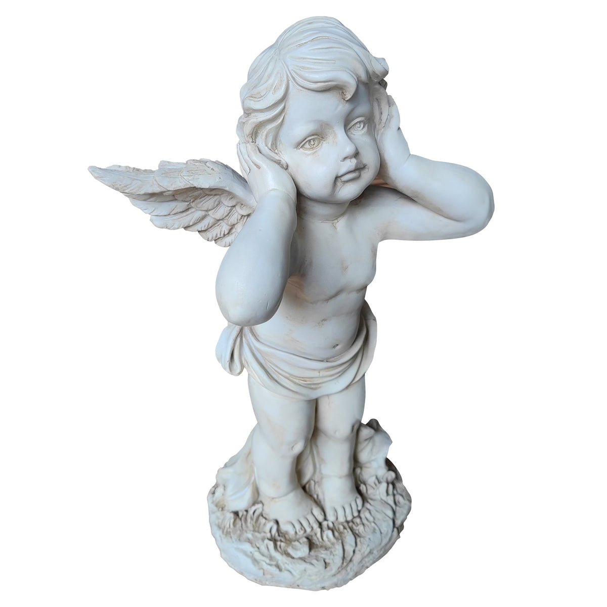Winged Angel Resin Sculpture with Covering Ears - White