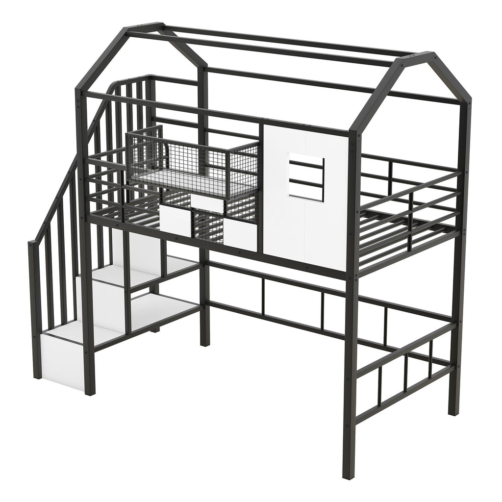 Metal Loft Bed With Roof Design and Storage Box with Guardrails and Integrated Ladder - Twin