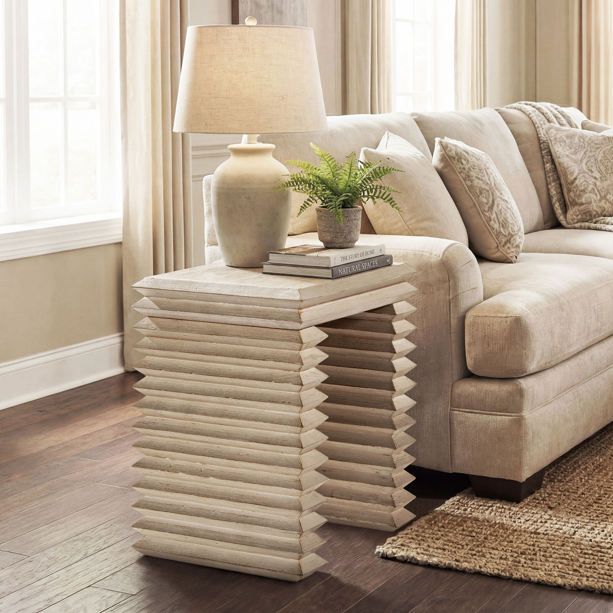 Geometric Waterfall Console Table with Solid Wood Construction - White or Light Brown