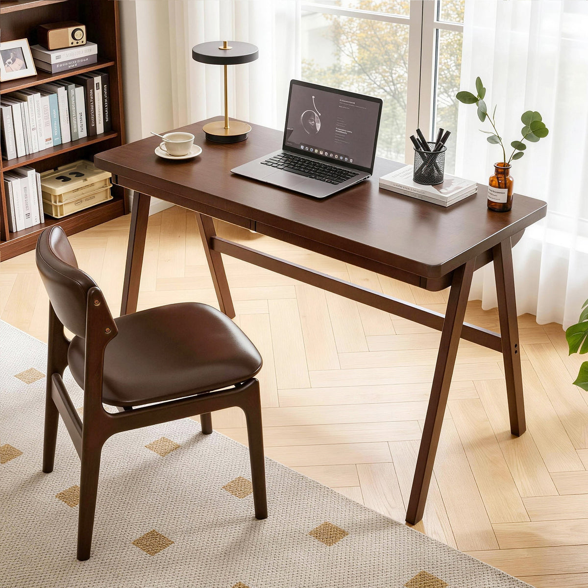Solid Rubber Wood Computer Desk with Retro Design - Natural Wood