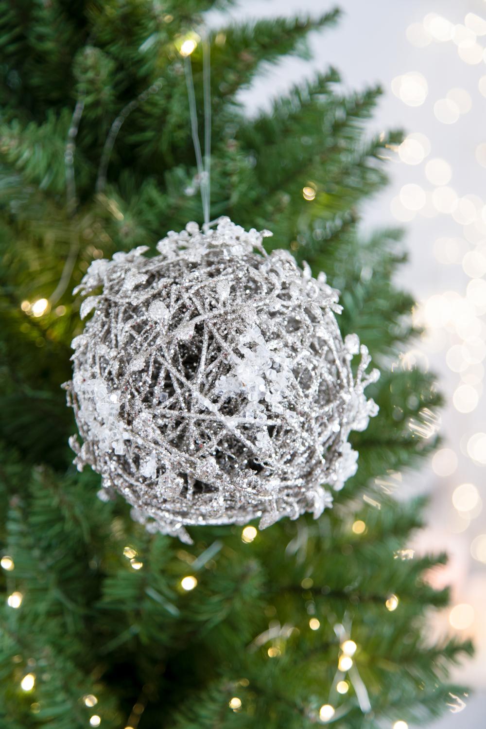 Iced Leaf and Twig Ball Christmas Tree Ornaments - Set of 4