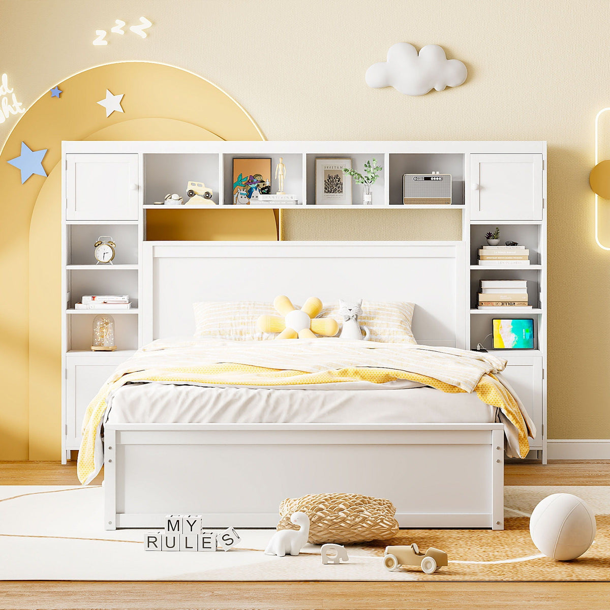 Queen Cabinet Bed with Storage, Drawers, and Charging Outlets - Multiple Colors