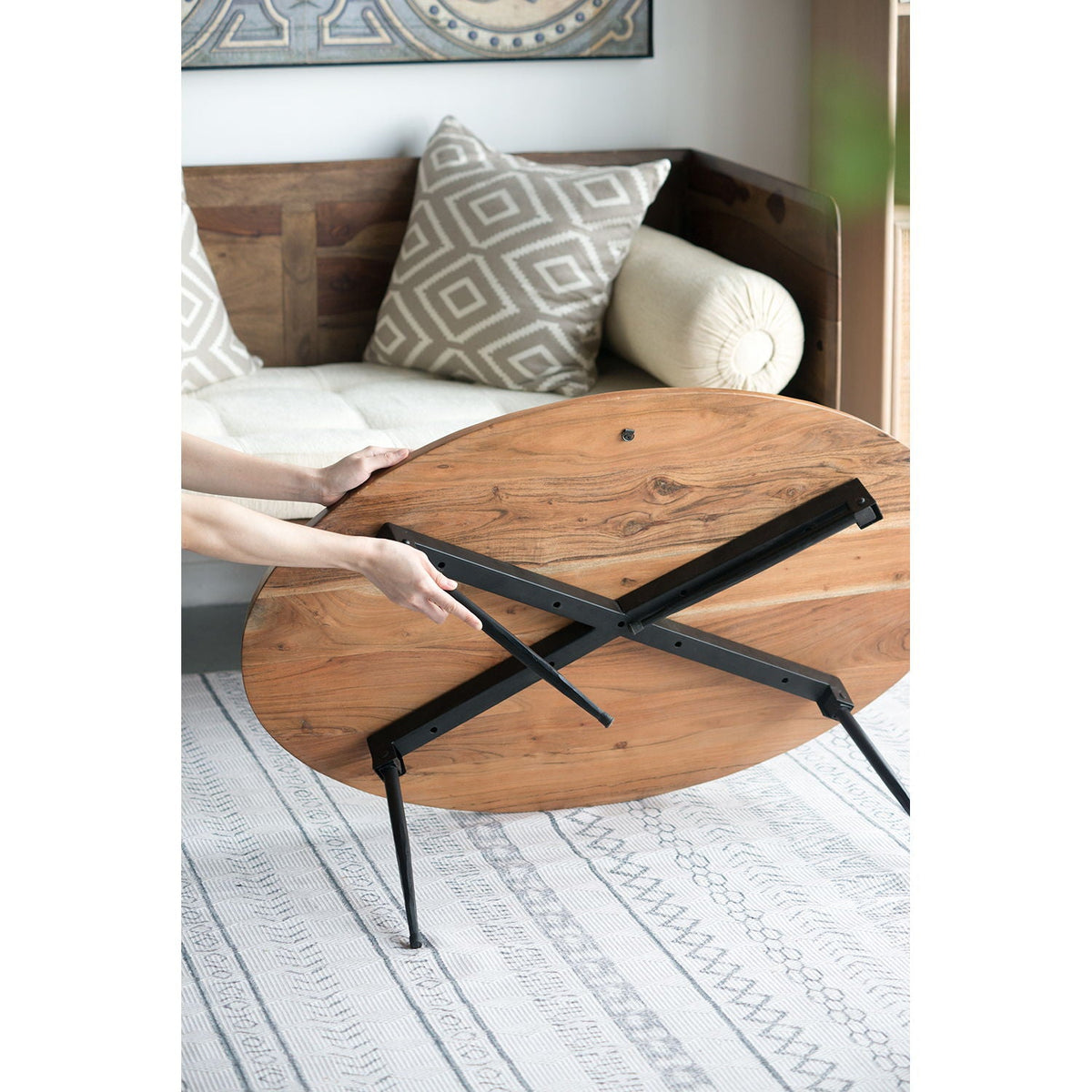 Oval Coffee Table with Acacia Wood and Iron Base - Brown