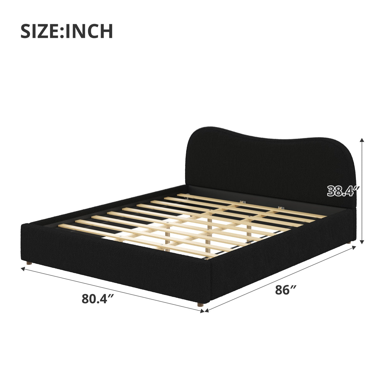King Size Upholstered Platform Bed with Wooden Slats - Black or White