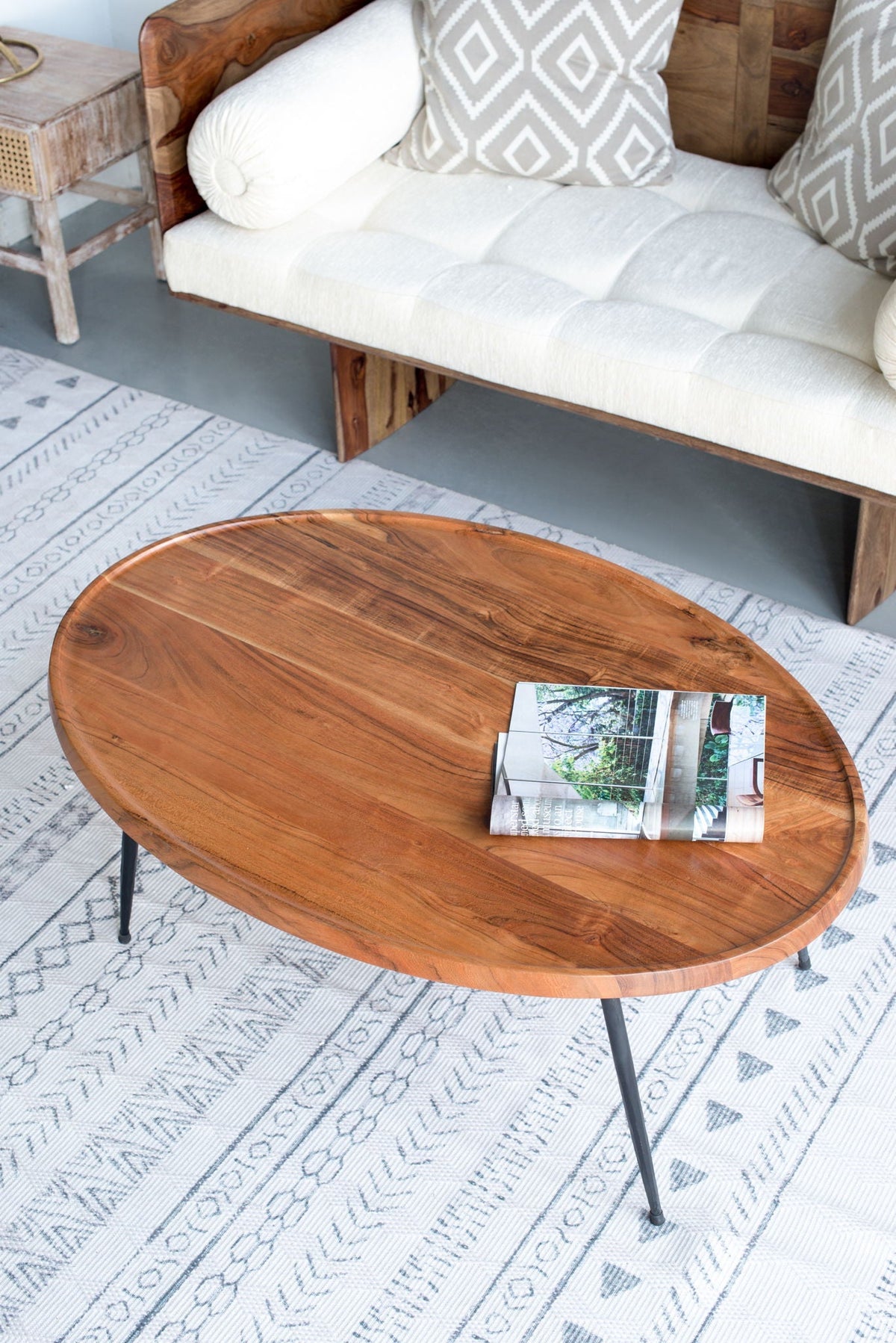 Oval Coffee Table with Acacia Wood and Iron Base - Brown
