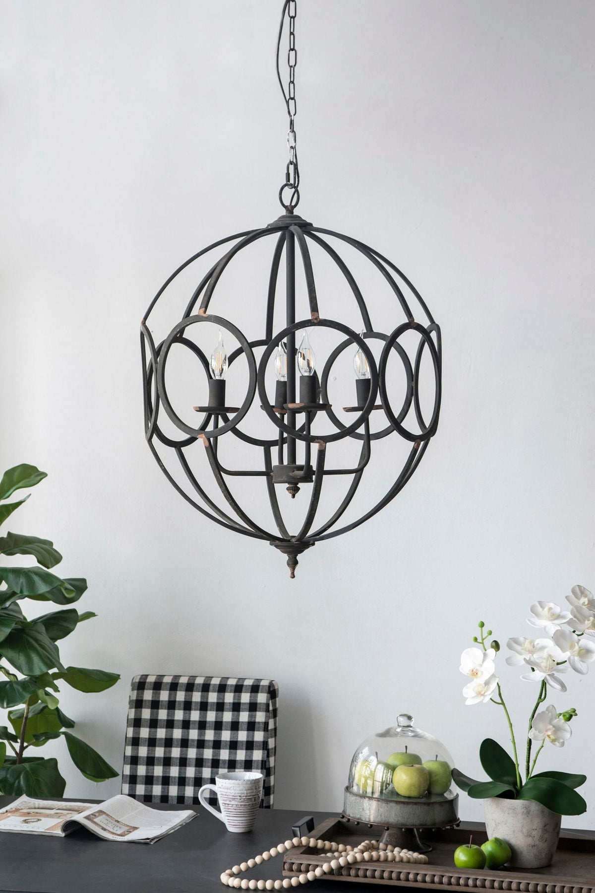 4 Light Metal Chandelier With Adjustable Chain - Black