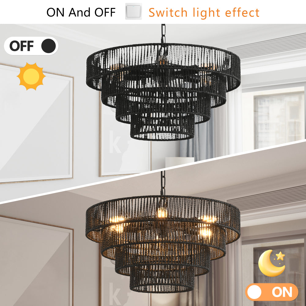 Rustic Hemp Rope Chandelier | 4/5-Tier Boho Pendant Light with E12 Sockets for Dining Room, Kitchen & Foyer