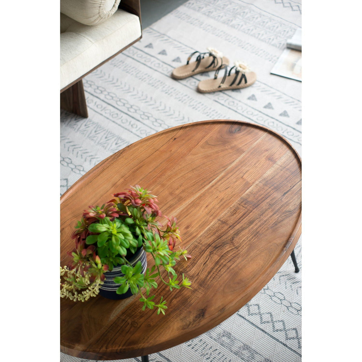 Oval Coffee Table with Acacia Wood and Iron Base - Brown