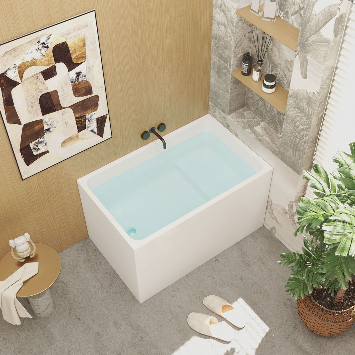 Gloss Freestanding Bathtub with Built-In Seat - White