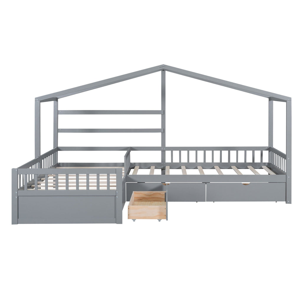L Shape Twin Platform Bed with 3 Storage Drawers - Dark Gray or White