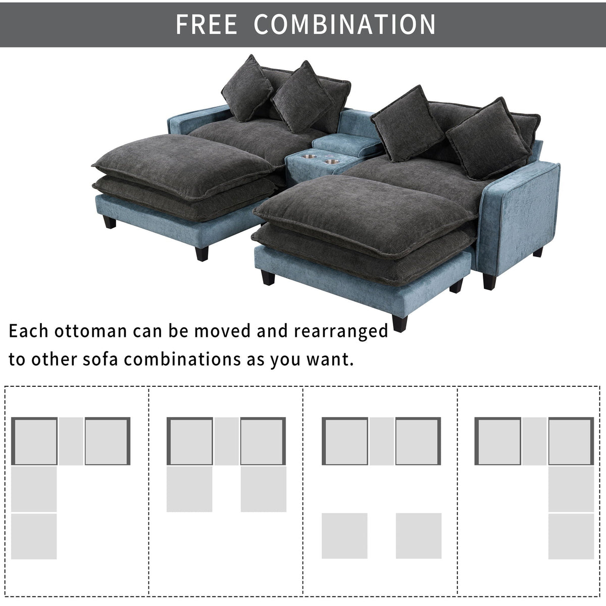 Sectional Sofa With Storage and Removable Ottomans - Gray / Light Blue