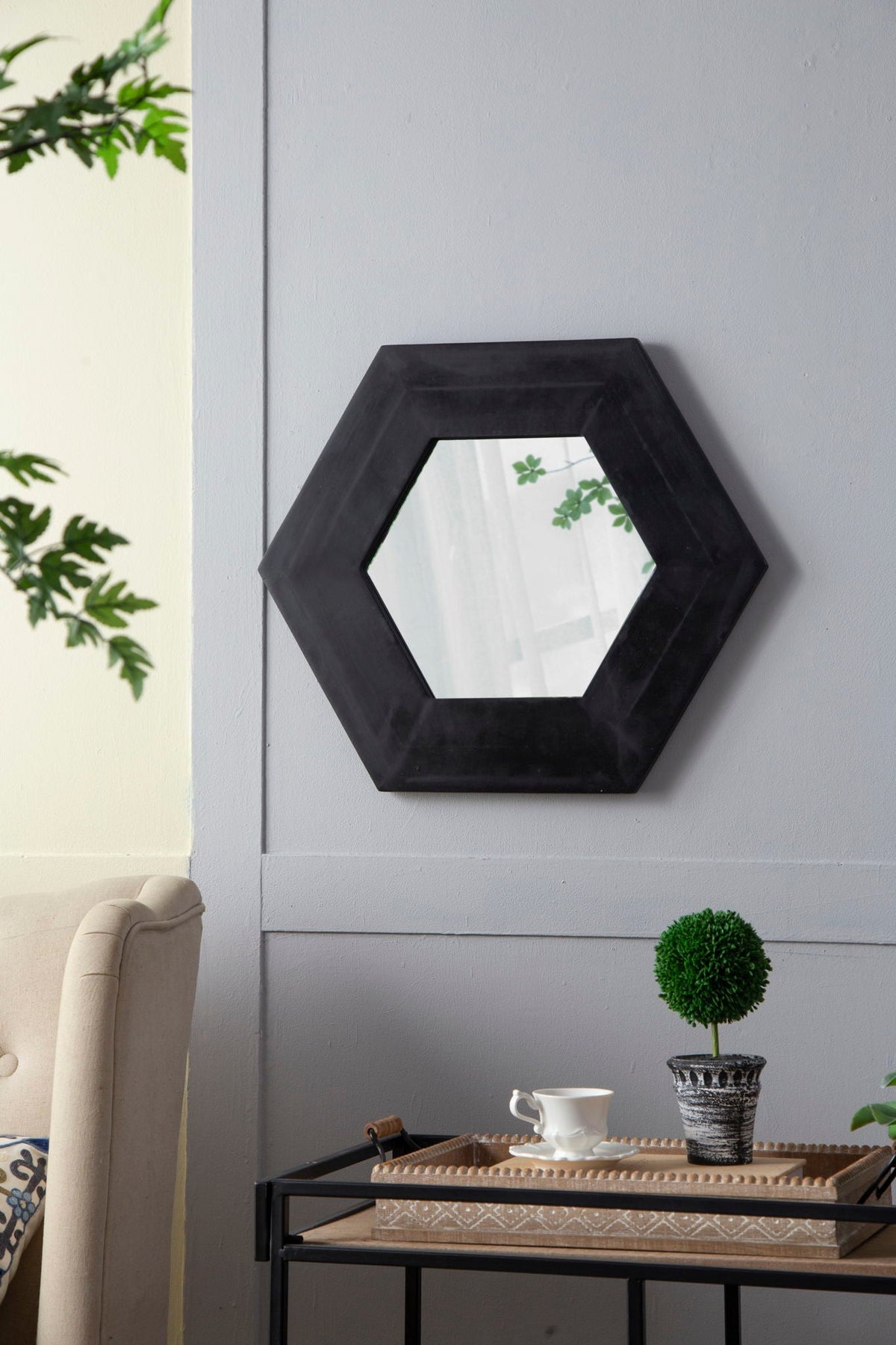 Hexagon Accent Mirror with Solid Teak Wood Frame - Light Brown, Dark Brown, Black