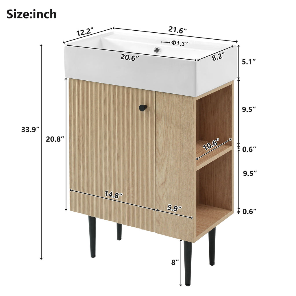 Bathroom Vanity with Single Ceramic Sink and Side Storage - Multiple Colors