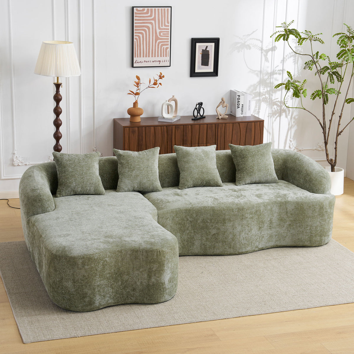 Modular L-Shape Sectional Sofa with Curved Chaise - Green, Beige, Gray