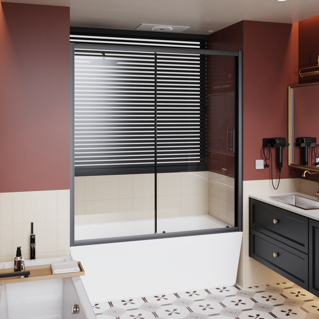 Sliding Shower Door for Bathtub with Safety Glass - Matte Black