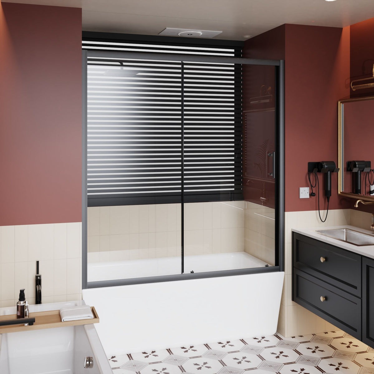 Sliding Shower Door for Bathtub with Safety Glass - Matte Black