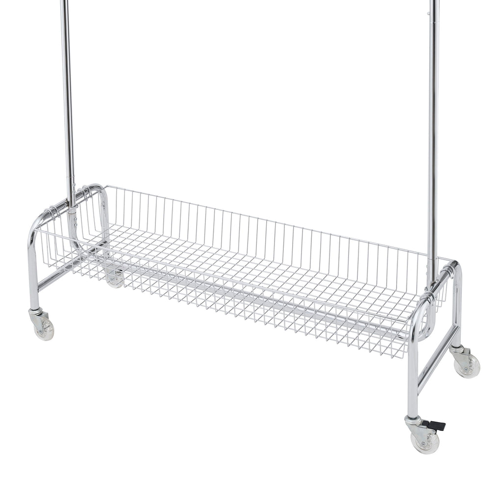 Heavy Duty Iron Garment Rack with Basket on Wheels - Silver