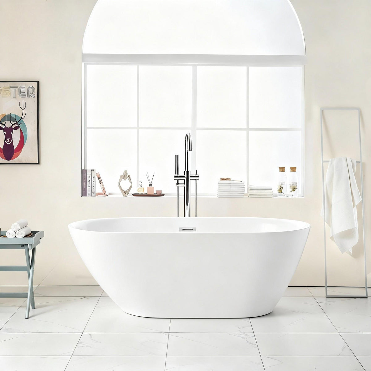 Glossy Freestanding Bathtub with Pop Up Drain - White