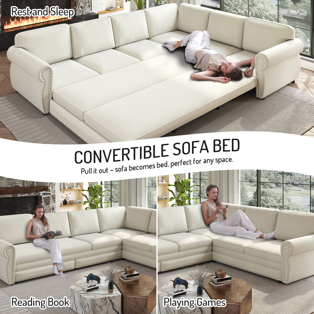 118" L-Shaped Convertible Sofa Bed with Pull-Out Bed - Chenille