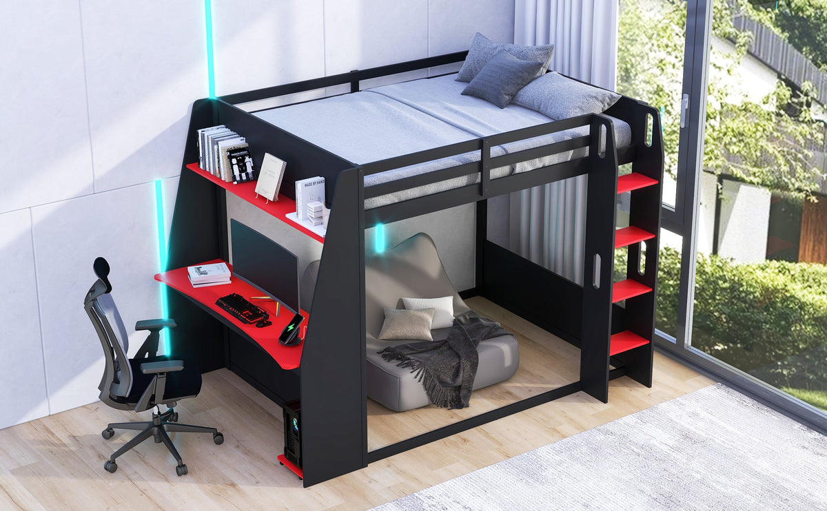Full Size Wooden Gaming Bunk Bed with Desk and LED Light - Black/Red