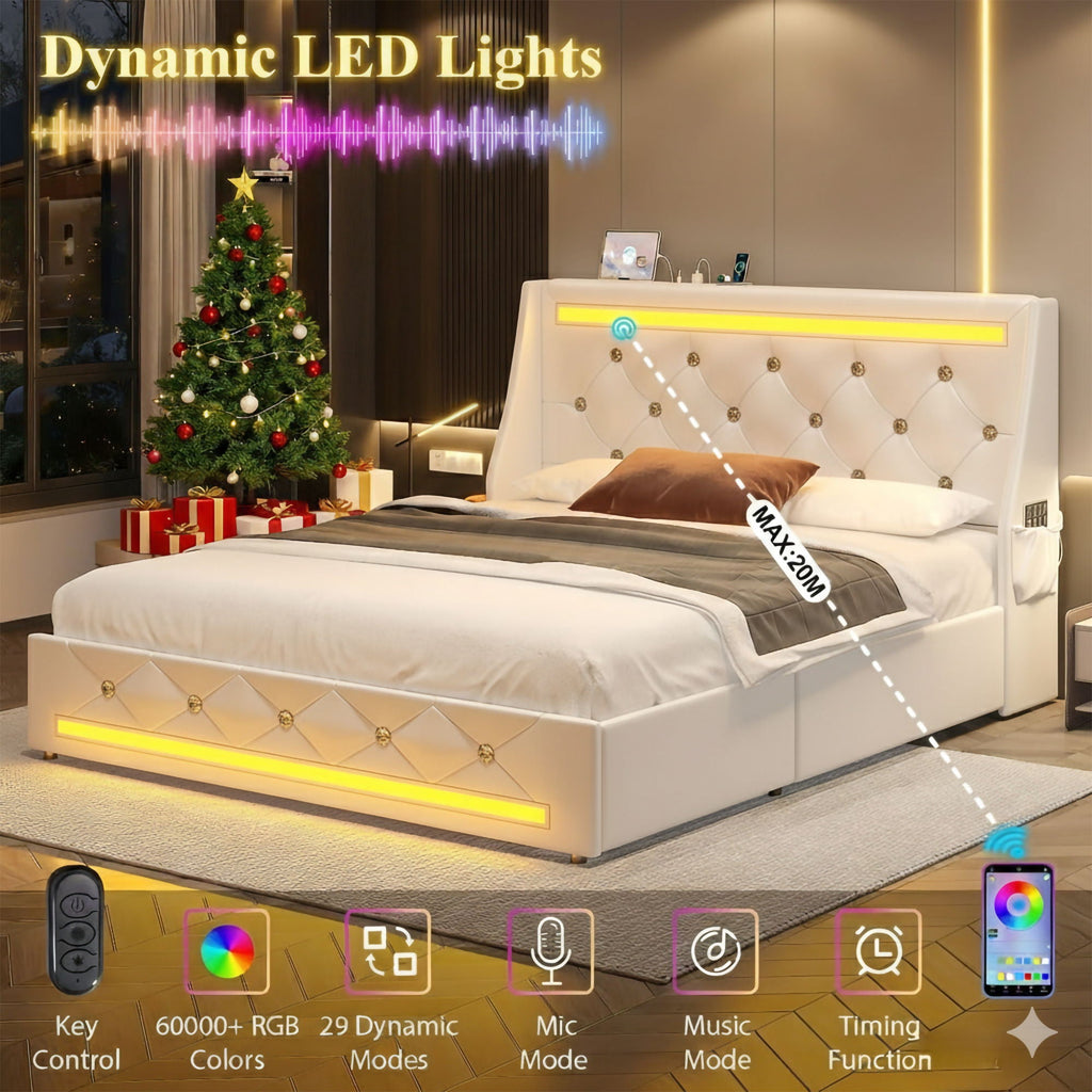 Wingback Upholstered Bed Frame with LED Lights and Charging Station - Black or White