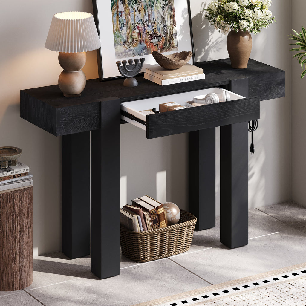 Rustic Minimalist Console Table with Hidden Drawer and Power Outlet - Brown
