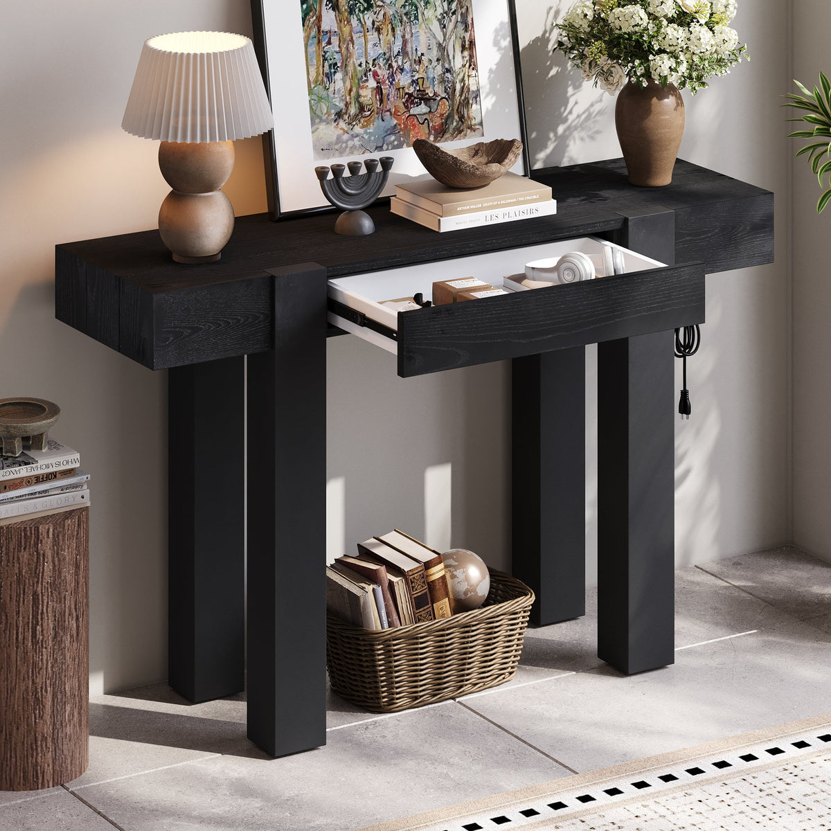 Rustic Minimalist Console Table with Hidden Drawer and Power Outlet - Brown