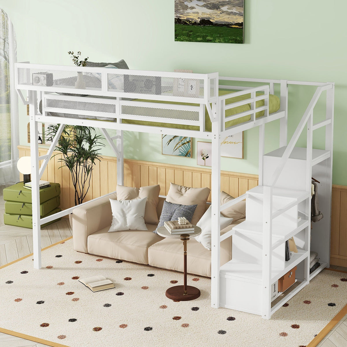 Full Size Loft Bed with Stairs and Storage Shelves - Metal, White