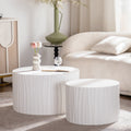 Nesting Coffee Table Set of 2 Round Wooden Tables with Handcrafted Relief - Wood Finish