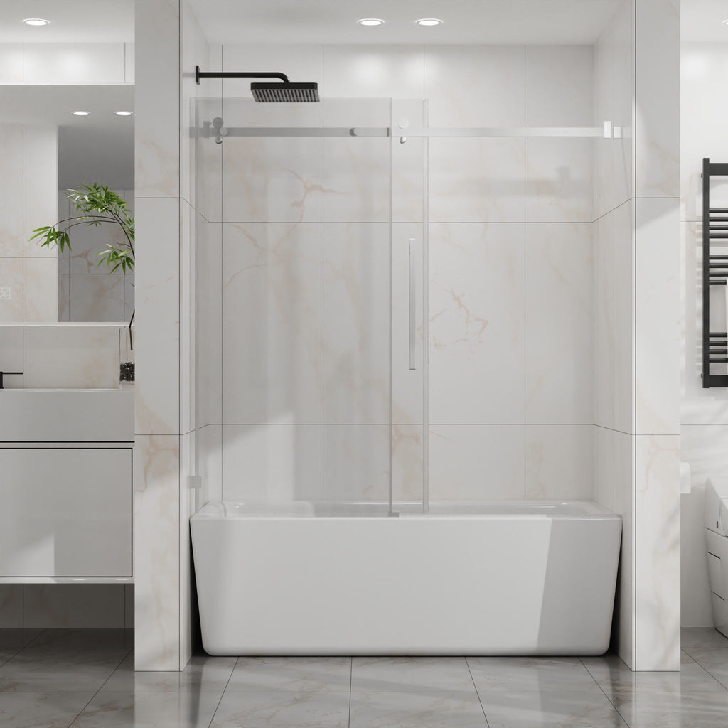 Frameless Tub Sliding Shower Door with Easy Clean Coating - Black or Pearl Silver