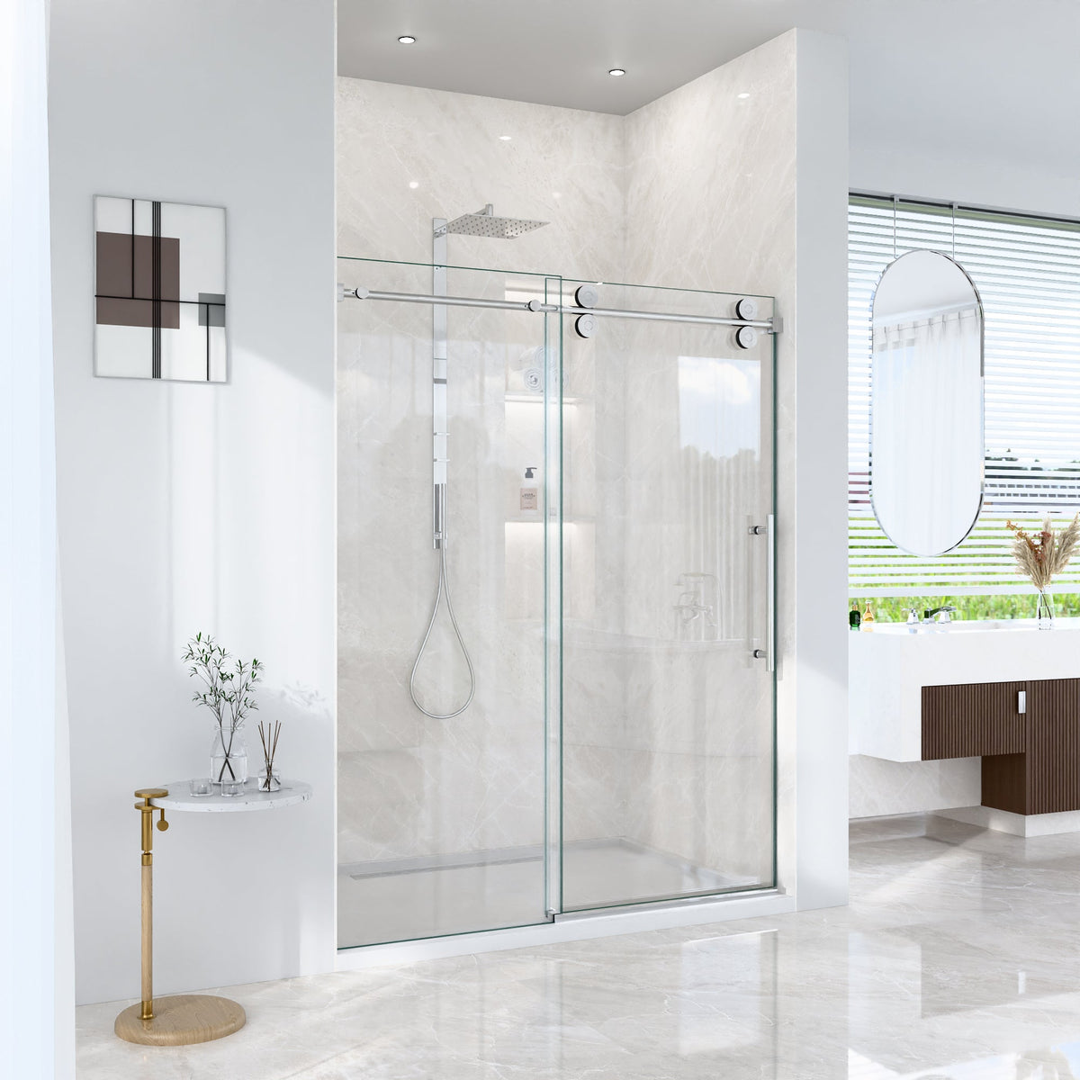 Frameless Single Sliding Shower Door with Stainless Steel Rollers - Chrome