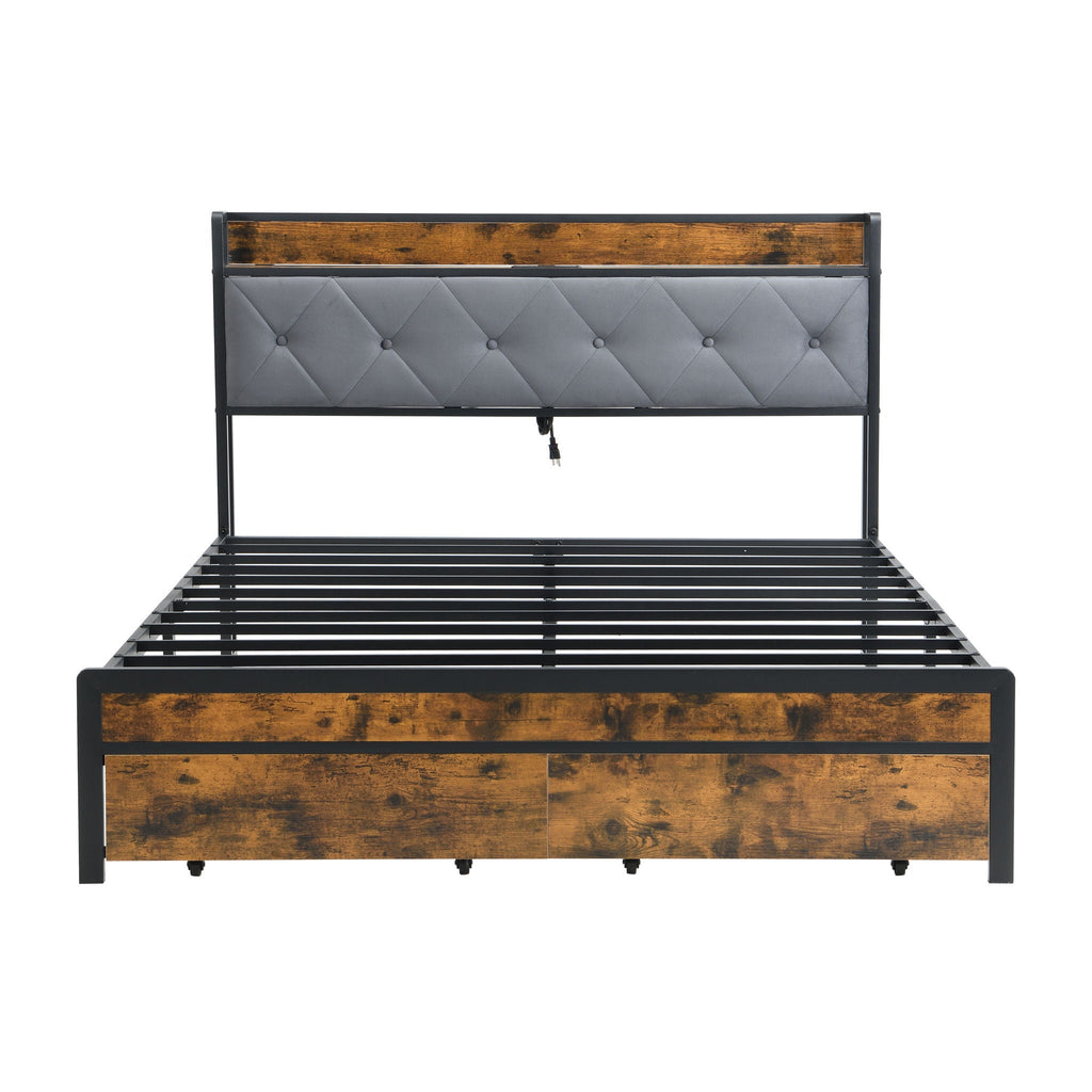 Modern Bed Frame with LED Lights and USB Charging - Light or Dark Brown