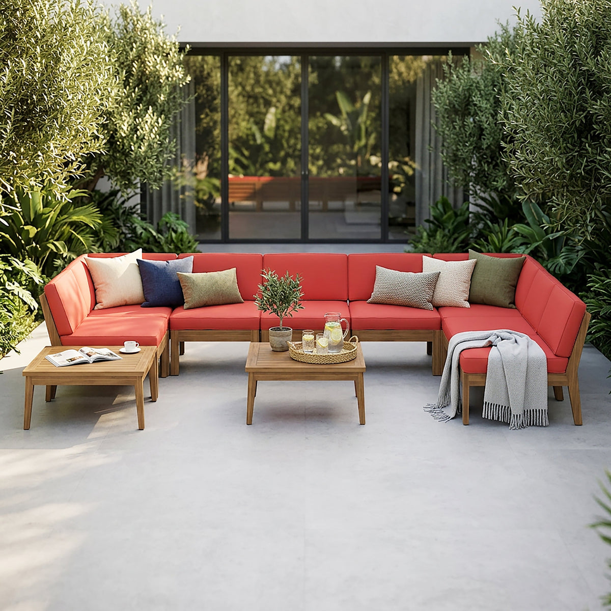 Acacia Wood Sectional Sofa Set with Water-Resistant Cushions - Teak & Red