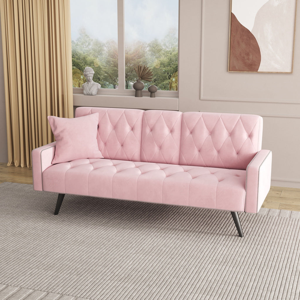 Sofa Bed with Nail Head Trim and Cup Holders - Pink