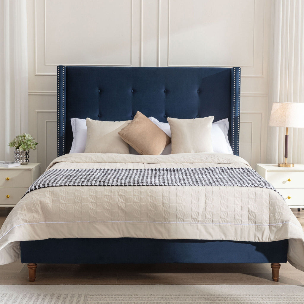 Upholstered Bed with 54" High Headboard and Hand Buttoned Tufting - White or Blue